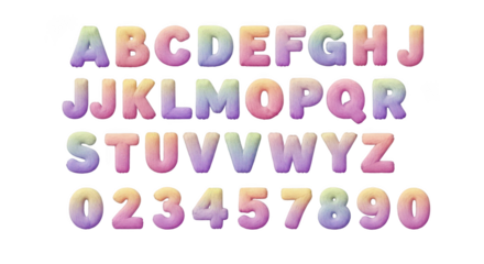 Colorful pastel alphabet letters and numbers isolated on white background