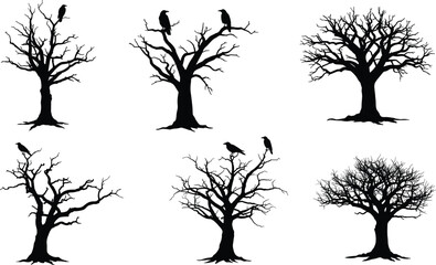 Dead tree silhouette, crow on branches, spooky forest design, Halloween tree vector, dark nature art, barren tree illustration, gothic atmosphere