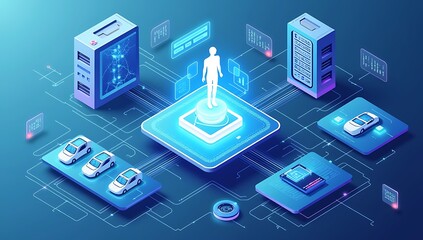 Futuristic isometric concept of interconnected AI-driven diagnostic systems and medical data analysis platforms, showing servers, holographic displays, and wearable sensors linked through a digital he