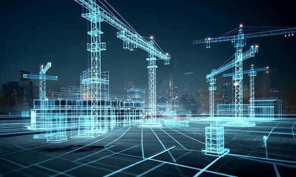 Futuristic digital construction site with blue holographic projections displaying architectural plans and data analysis for urban development projects