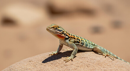 Naklejka premium Desert lizard basking on rock in natural sunlight