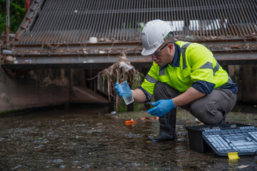 An environmental expert is collecting water samples from a stream to take back to the lab for testing.