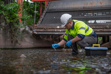 A specialist biologist is collecting water samples from a stream to examine its ecosystem.