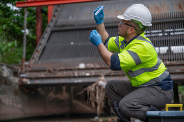 A specialist biologist is examining the water in a stream to detect microscopic organisms in the water to determine the health of the stream's ecosystem.