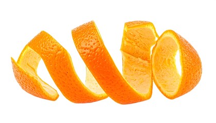 Curly, vibrant orange peel isolated on a pristine white background