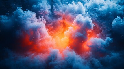 Vivid display of vibrant orange light emanating from a mass of swirling, blue-toned smoke
