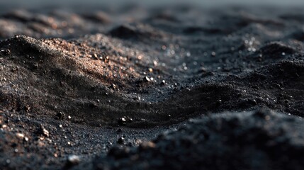 Primer plano de arena oscura con reflejos dorados al atardecer.