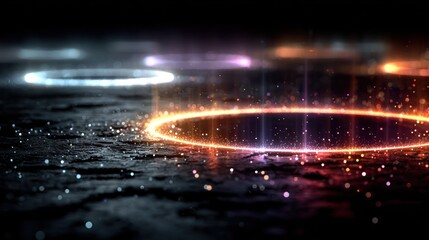 Glowing rings of light float above a dark, textured surface