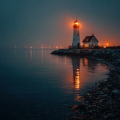 Lighthouse illuminates misty coast at dusk, with reflection in calm water