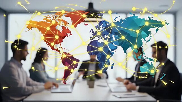 Blurred Business Team Meeting Around Table With Digital World Map Overlay and Light Beams - Powered by Adobe