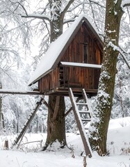 A charming wooden treehouse nestled in a snowy forest, winter scene
