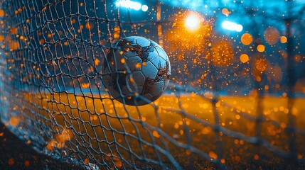 Close-up of soccer ball in goal net with bokeh lights, evening sport, detailed focus