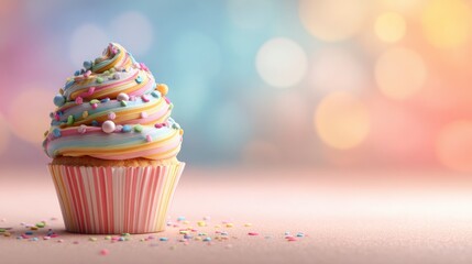 Colorful rainbow cupcake with whipped cream swirl and sprinkles on white background. Sweet dessert with vibrant rainbow colors and striped paper wrapper. Birthday celebration or party concept.