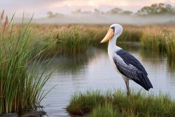 Obraz premium Shoebill bird standing in a misty wetland marsh