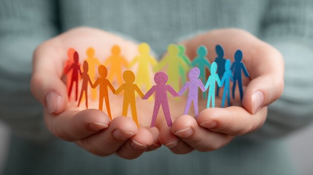 Hands holding colorful paper cutout people figures connected together. Teamwork, unity, diversity, and friendship concept. Paper dolls representing different cultures and cooperation.