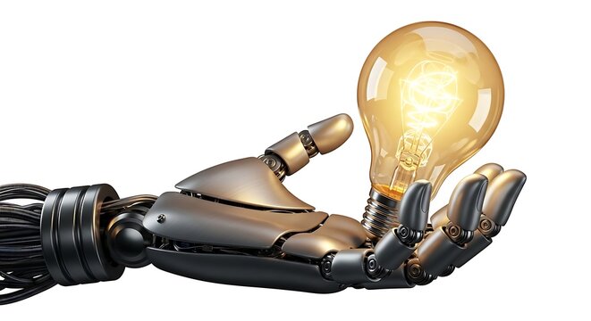 Robotic Hand Holding a Glowing Light Bulb