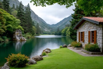Naklejka premium Stone house sitting by tranquil lake in mountain valley