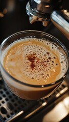 A close-up view of a freshly brewed espresso in a glass cup, featuring a rich, frothy crema and a sprinkle of cinnamon powder