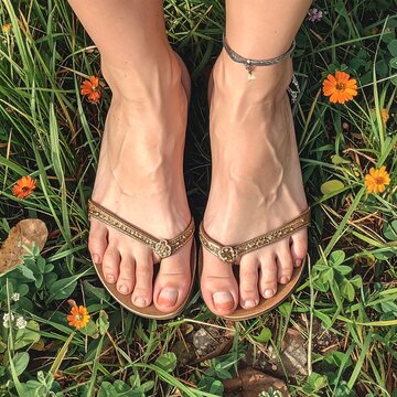 A close-up shot of sun-kissed feet in jeweled sandals, on greenery