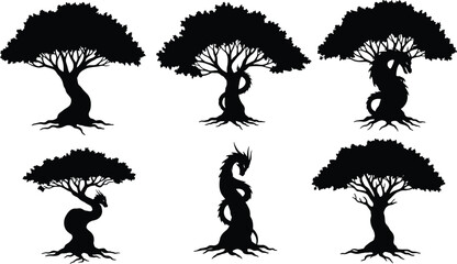 Dragon tree silhouettes with roots, fantasy nature illustration, mythical forest art, enchanted design, eco concept, magical wildlife background, mystical creature vector