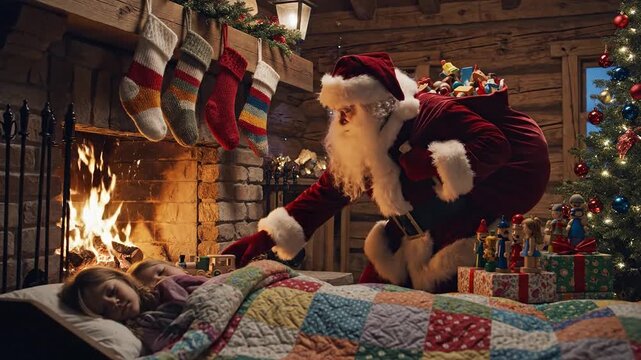 Santa Claus placing a gift under the tree next to a sleeping child by the fireplace on Christmas in a cozy room with a warm and festive mood.