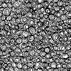 Seamless pattern of swirled circles doodles. Black and white vector illustration. Background for textile, packaging, website, wrapping, printing, stationery, scrapbooking. Contemporary minimalism.