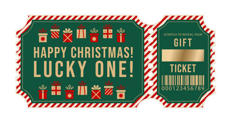 Christmas gift voucher template. Lucky one ticket. Layout includes scratch to reveal your gift and number. Holiday ticket for gifting, promotions and commerce during holiday season.
