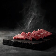 Delicadas l&aacute;minas de carne con veteado marmolado sobre una base r&uacute;stica, envueltas en una atm&oacute;sfera de misterio y sabor.