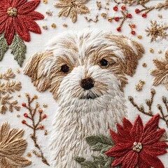 A cute dog surrounded by festive winter florals and holiday accents, transformed into a hyper-realistic faux yarn embroidered design on a pure white background