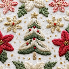 A cute of Christmas Tree surrounded by festive winter florals and holiday accents, transformed into a hyper-realistic faux yarn embroidered design on a pure white background.