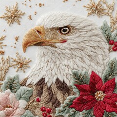 Christmas greeting card with a eagle surrounded by festive winter florals and holiday accents, transformed into a hyper-realistic faux yarn embroidered design on a pure white background
