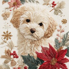 A cute dog surrounded by festive winter florals and holiday accents, transformed into a hyper-realistic faux yarn embroidered design on a pure white background