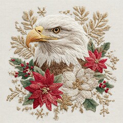 Christmas greeting card with a eagle surrounded by festive winter florals and holiday accents, transformed into a hyper-realistic faux yarn embroidered design on a pure white background