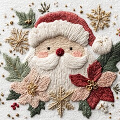 Christmas decoration with Santa Claus surrounded by festive winter florals and holiday accents, transformed into a hyper-realistic faux yarn embroidered design on a pure white background