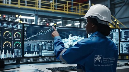 Engineer monitoring factory data analytics on screens in industrial control room center - Powered by Adobe