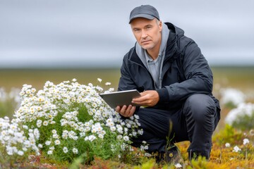 Man botanist examining flowers with tablet in nature