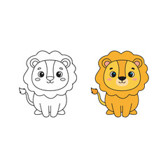 Lion Line Art Vector Outline Illustration Black and White with Coloring Sample