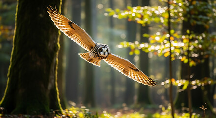 Owl flying in forest during golden hour light