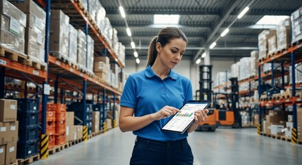 Thinking, warehouse and woman on tablet for inspection, inventory and online stock. 