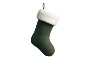 Green christmas stocking with white fur trim, hanging holiday sock for gifts, celebration, and festive decoration
