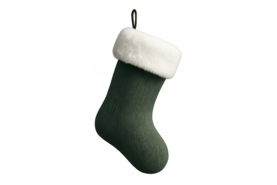 Green christmas stocking with white fur trim, hanging holiday sock for gifts, celebration, and festive decoration - Powered by Adobe