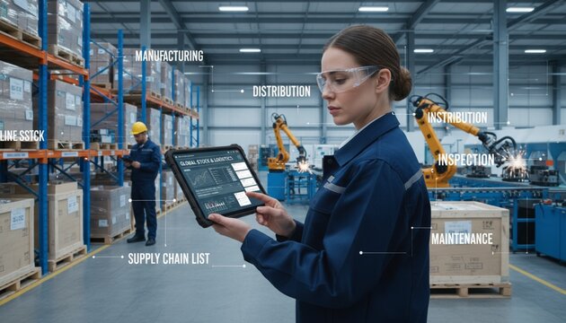 Thinking, warehouse and woman on tablet for inspection, inventory and online stock. 