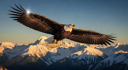 Majestic bald eagle soars over snow-capped mountain peaks