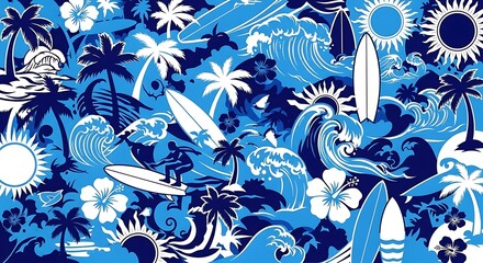 Tropical paradise pattern with surfing waves palm trees and sun