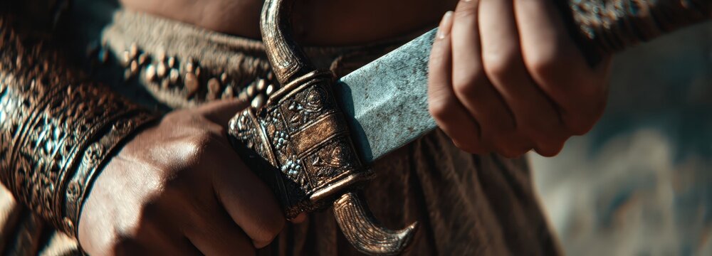 Imagen de una mano sosteniendo una espada con una empu&ntilde;adura ornamentada, con un fondo de tela texturizada.