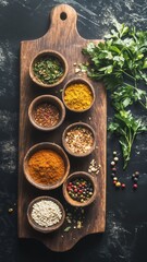 Fototapeta premium A Rustic Wooden Cutting Board Showcases a Collection of Colorful Spices and Herbs, Ready for Culinary Creations