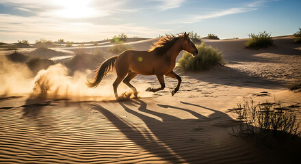 Horse running in desert sand at sunset, dynamic motion