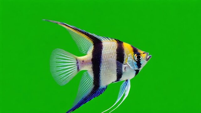 Close up of a striped angelfish with yellow head on a vibrant green background in studio shot green screen animal video