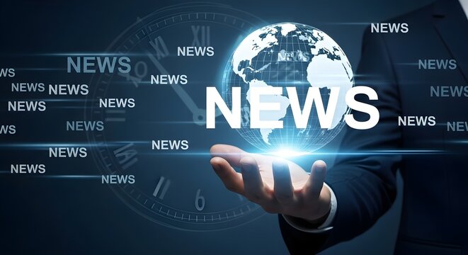 A man in a suit holds a glowing globe in his hand, surrounded by the word "NEWS" and a clock background.