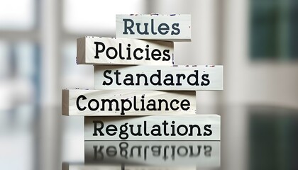 Stacked wooden blocks displaying words: Rules, Policies, Standards, Compliance, and Regulations, reflecting business governance and legal requirements.